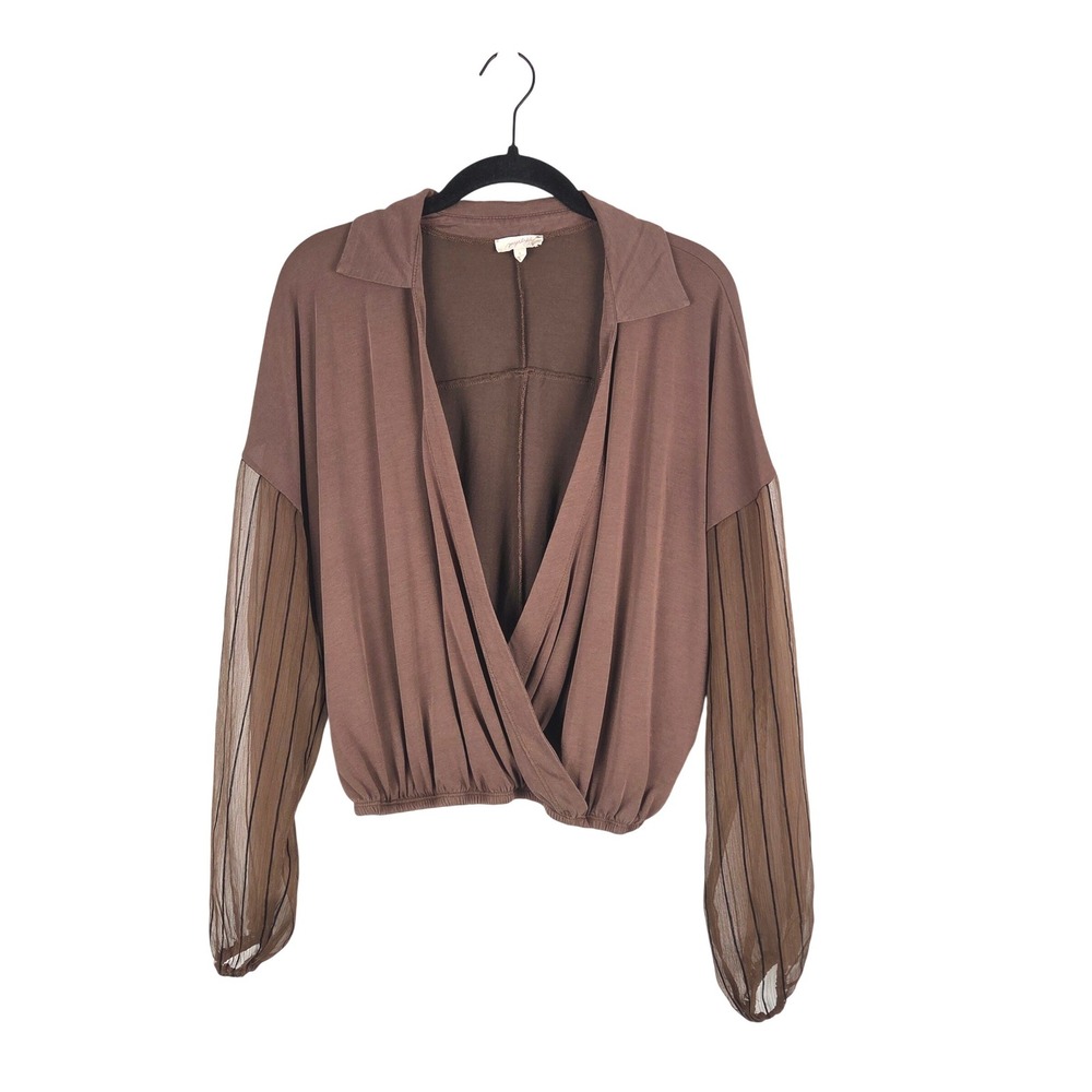 Mystree Brown‎ Cropped Draped Wrap Top Sheer Sleeve Blouse Small Boho Chic